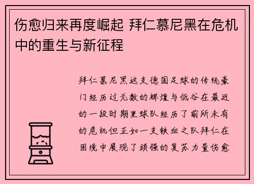 伤愈归来再度崛起 拜仁慕尼黑在危机中的重生与新征程