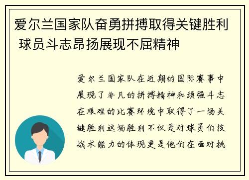 爱尔兰国家队奋勇拼搏取得关键胜利 球员斗志昂扬展现不屈精神