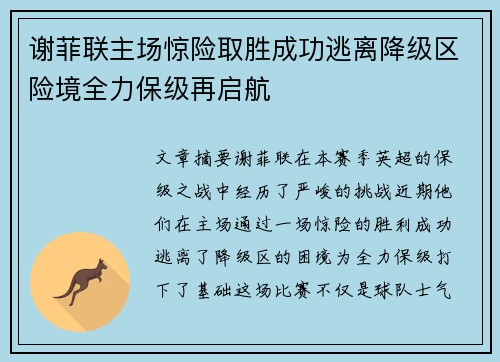 谢菲联主场惊险取胜成功逃离降级区险境全力保级再启航