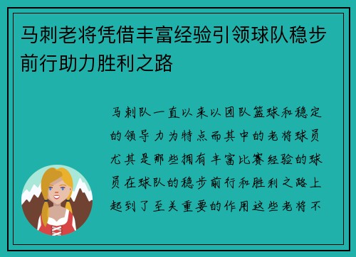 马刺老将凭借丰富经验引领球队稳步前行助力胜利之路