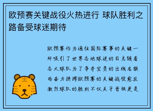 欧预赛关键战役火热进行 球队胜利之路备受球迷期待