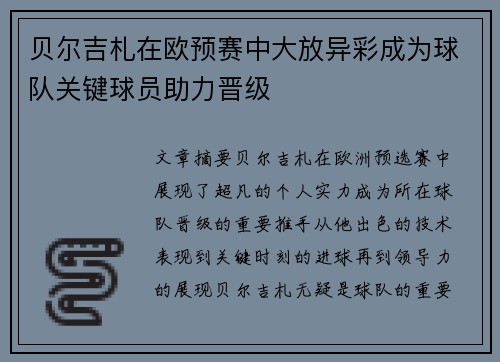 贝尔吉札在欧预赛中大放异彩成为球队关键球员助力晋级