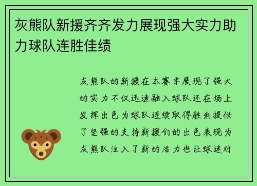 灰熊队新援齐齐发力展现强大实力助力球队连胜佳绩