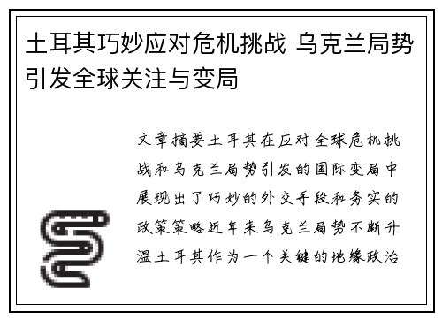 土耳其巧妙应对危机挑战 乌克兰局势引发全球关注与变局