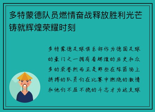 多特蒙德队员燃情奋战释放胜利光芒铸就辉煌荣耀时刻