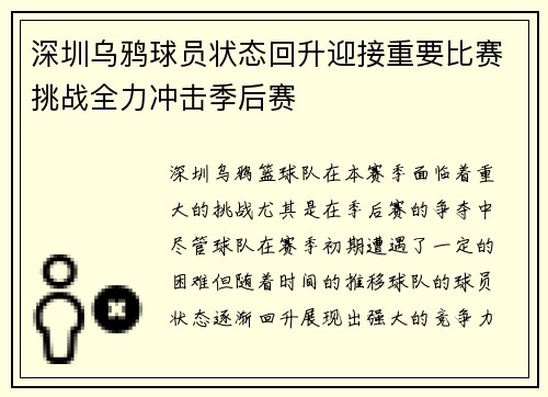 深圳乌鸦球员状态回升迎接重要比赛挑战全力冲击季后赛
