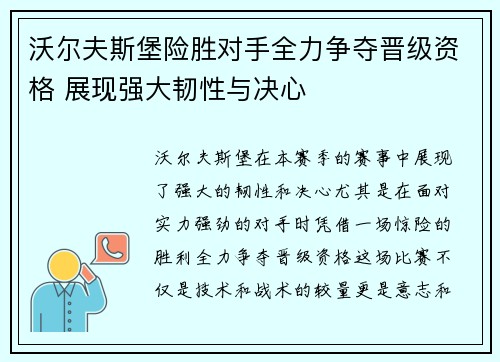 沃尔夫斯堡险胜对手全力争夺晋级资格 展现强大韧性与决心