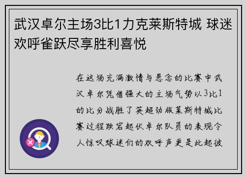 武汉卓尔主场3比1力克莱斯特城 球迷欢呼雀跃尽享胜利喜悦