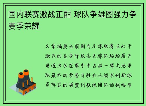 国内联赛激战正酣 球队争雄图强力争赛季荣耀
