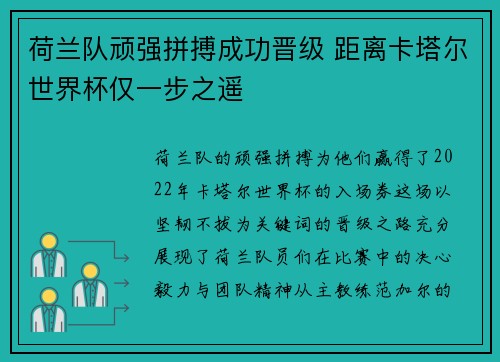 荷兰队顽强拼搏成功晋级 距离卡塔尔世界杯仅一步之遥