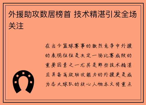 外援助攻数居榜首 技术精湛引发全场关注